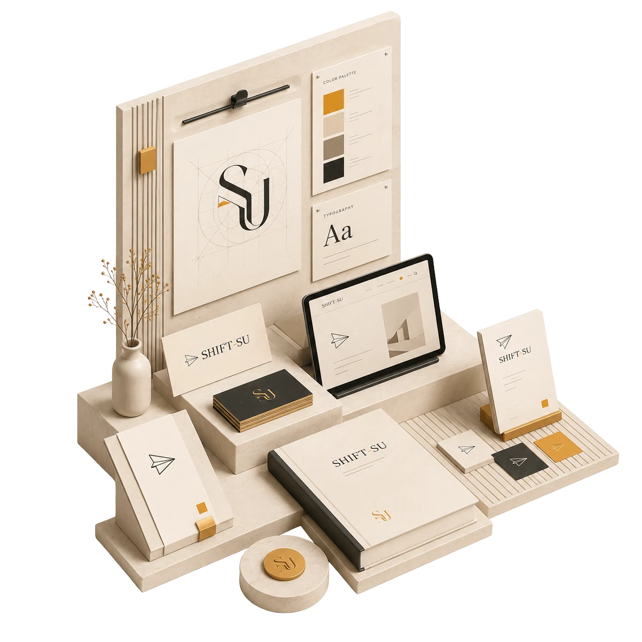 SHIFT-SU brand system specimen — identity, voice, visual language