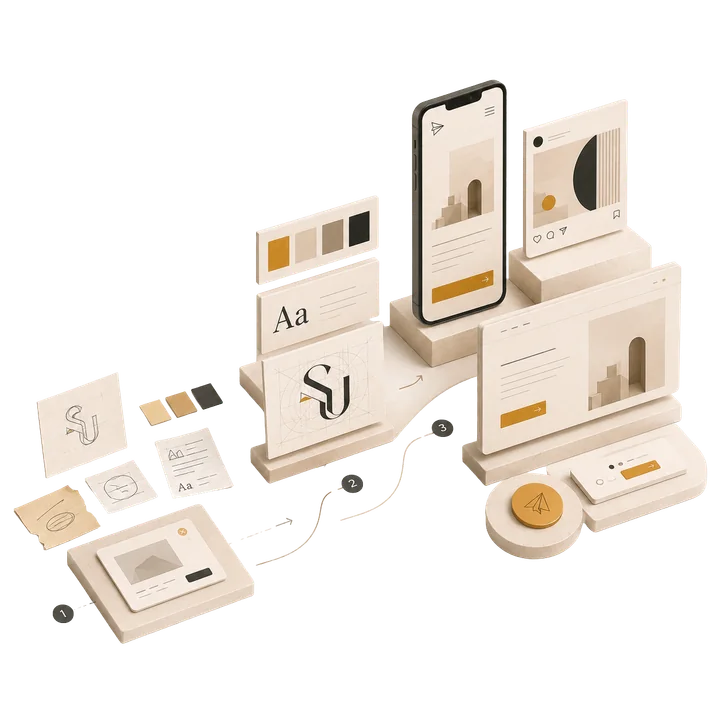 Brand system: from raw mark to ready-to-use assets — logo, color, typography, site, and digital deliverables.