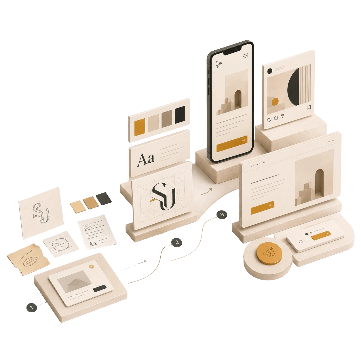 Brand system: from raw mark to ready-to-use assets — logo, color, typography, site, and digital deliverables.