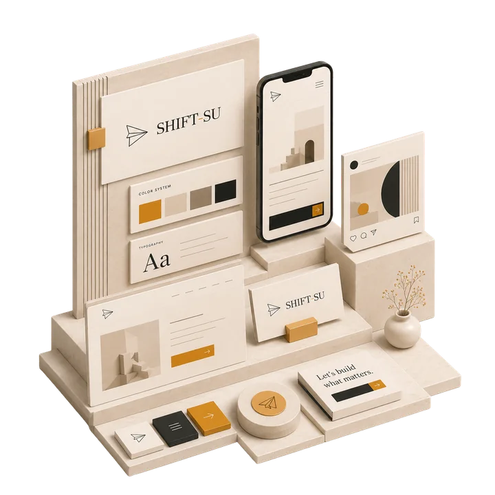 Finished brand system — logo, color, typography, and on-brand assets ready for use across customer touchpoints.